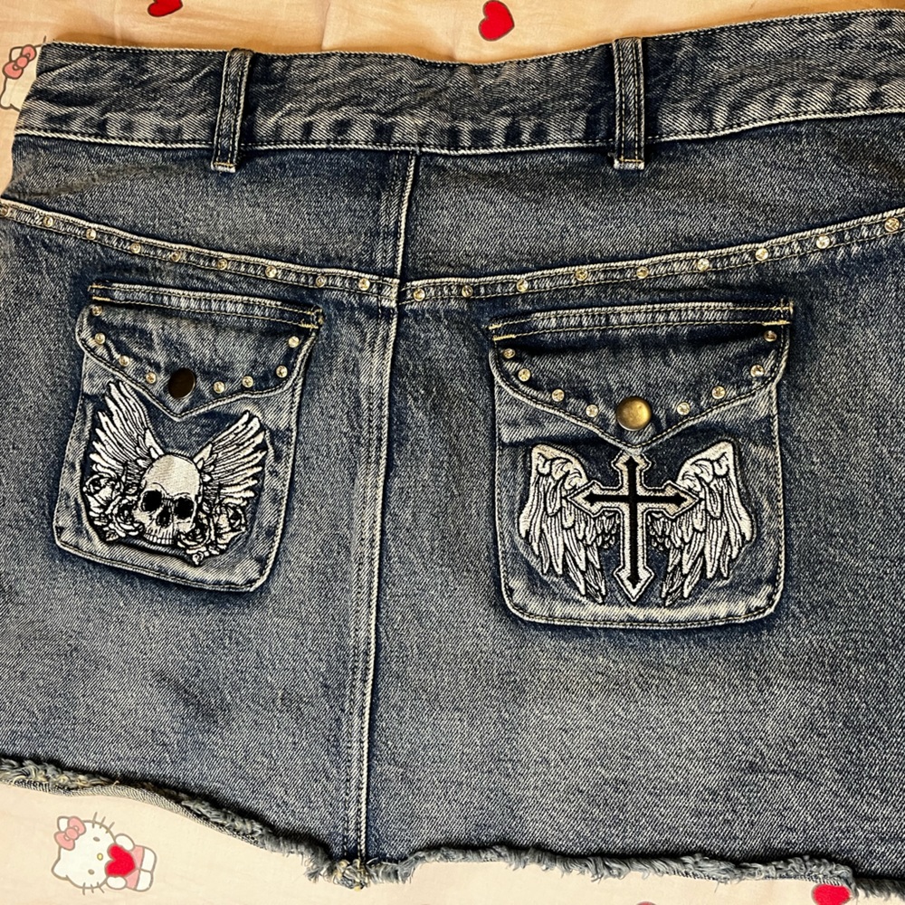 Social Collision Skull Patches Denim Mini Skirt
